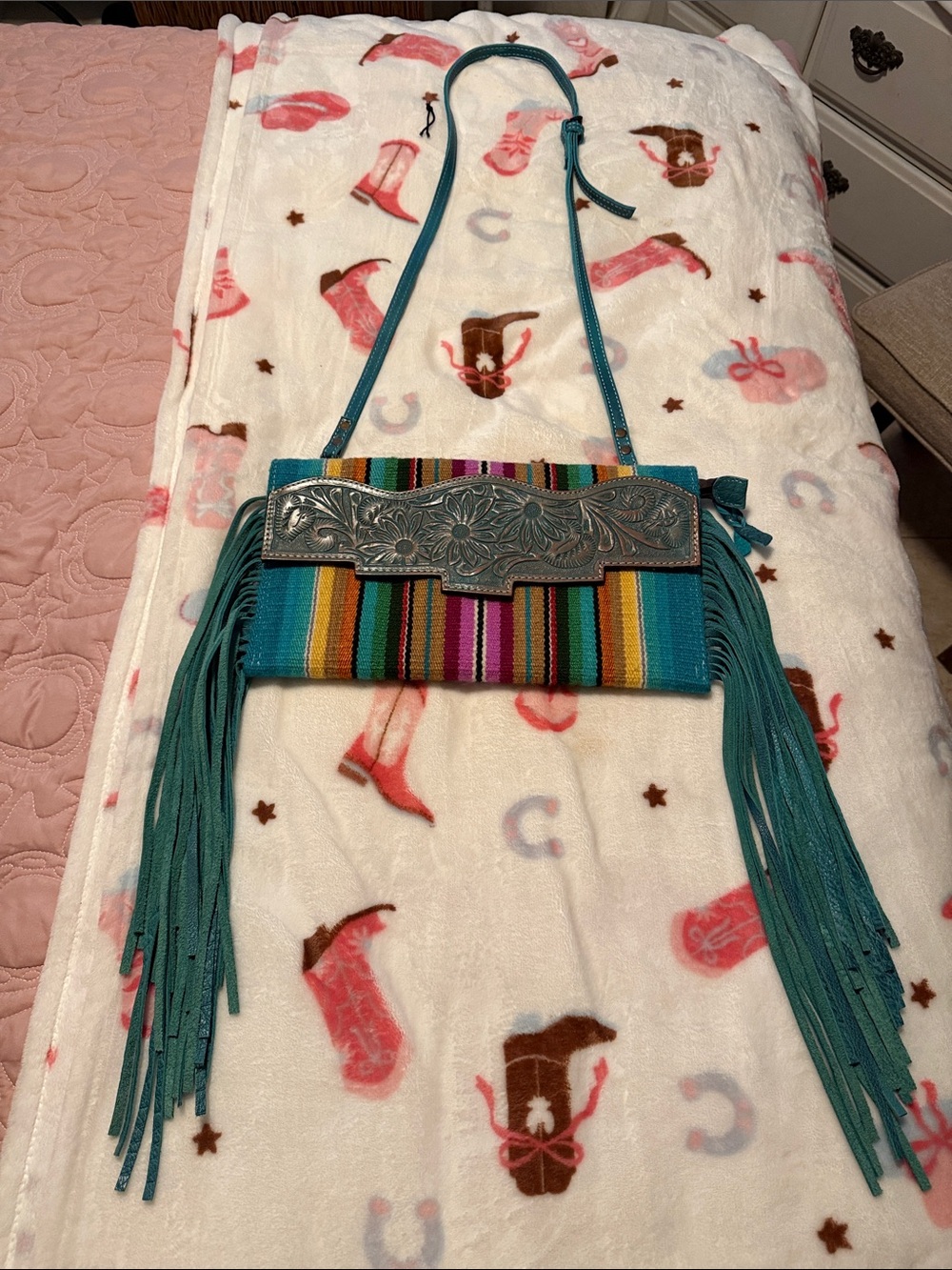 American Darling Teal Multi-Stripe Fringe Crossbody with Silver Tooled Accent